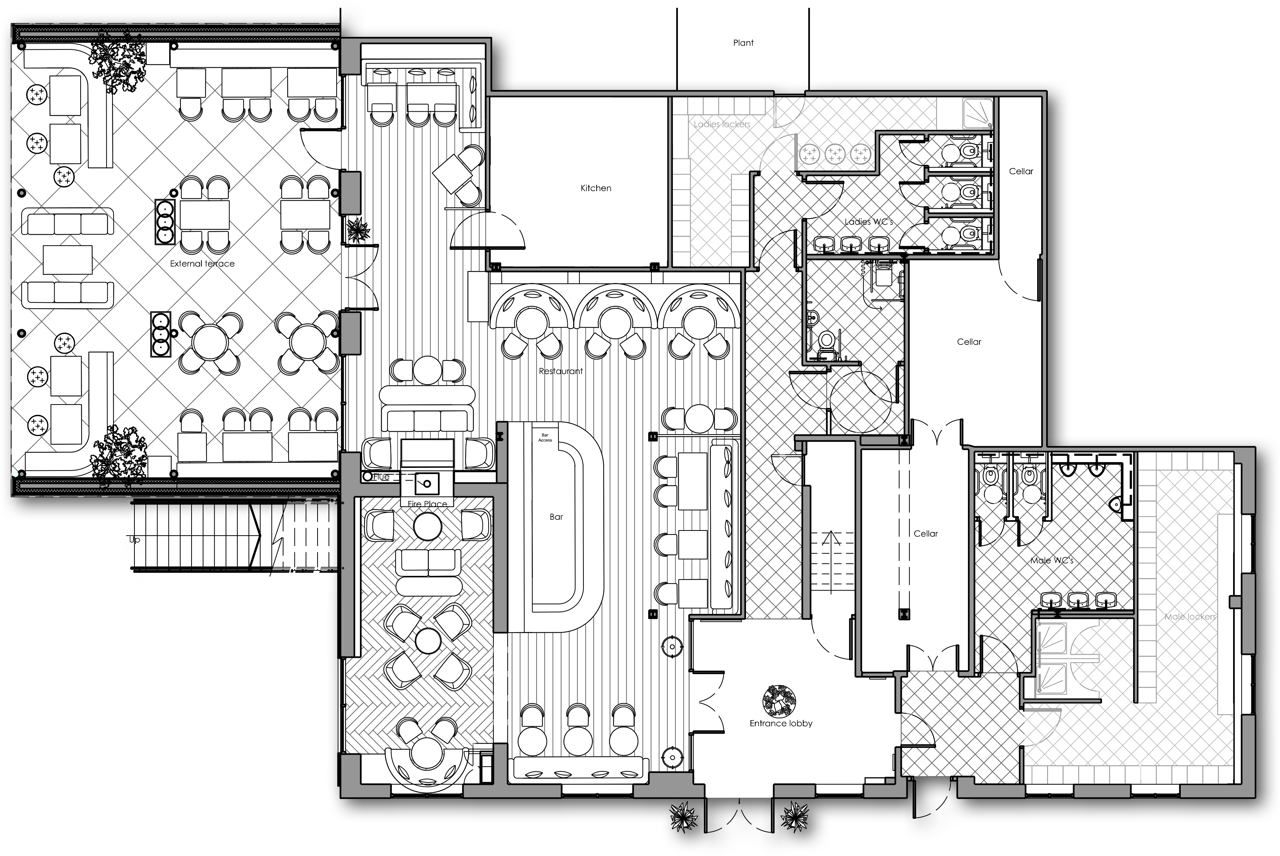 A floorplan of Cook House Bar & Kitchen, Leeds, created by the architect, showing the layout of the building's lower ground floor.